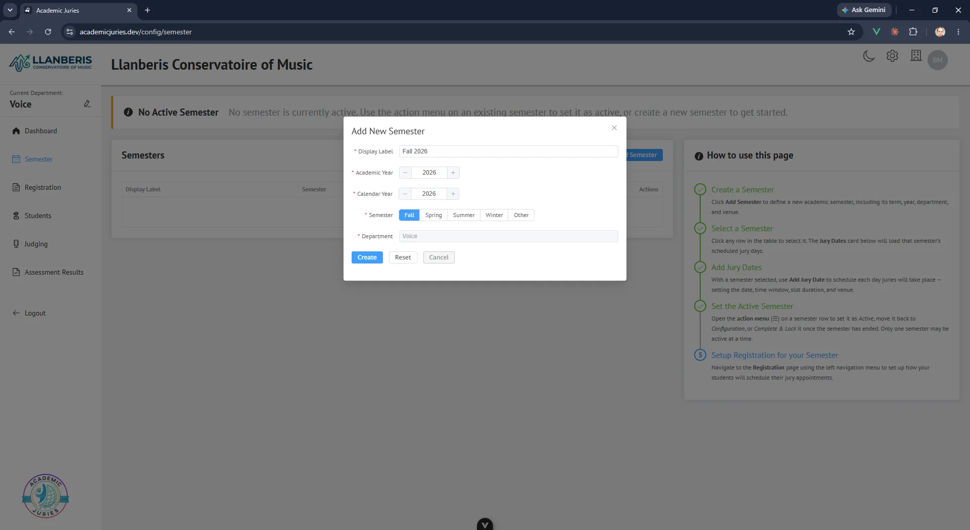 Add New Semester dialog with fields for display label, academic year, calendar year, term and department