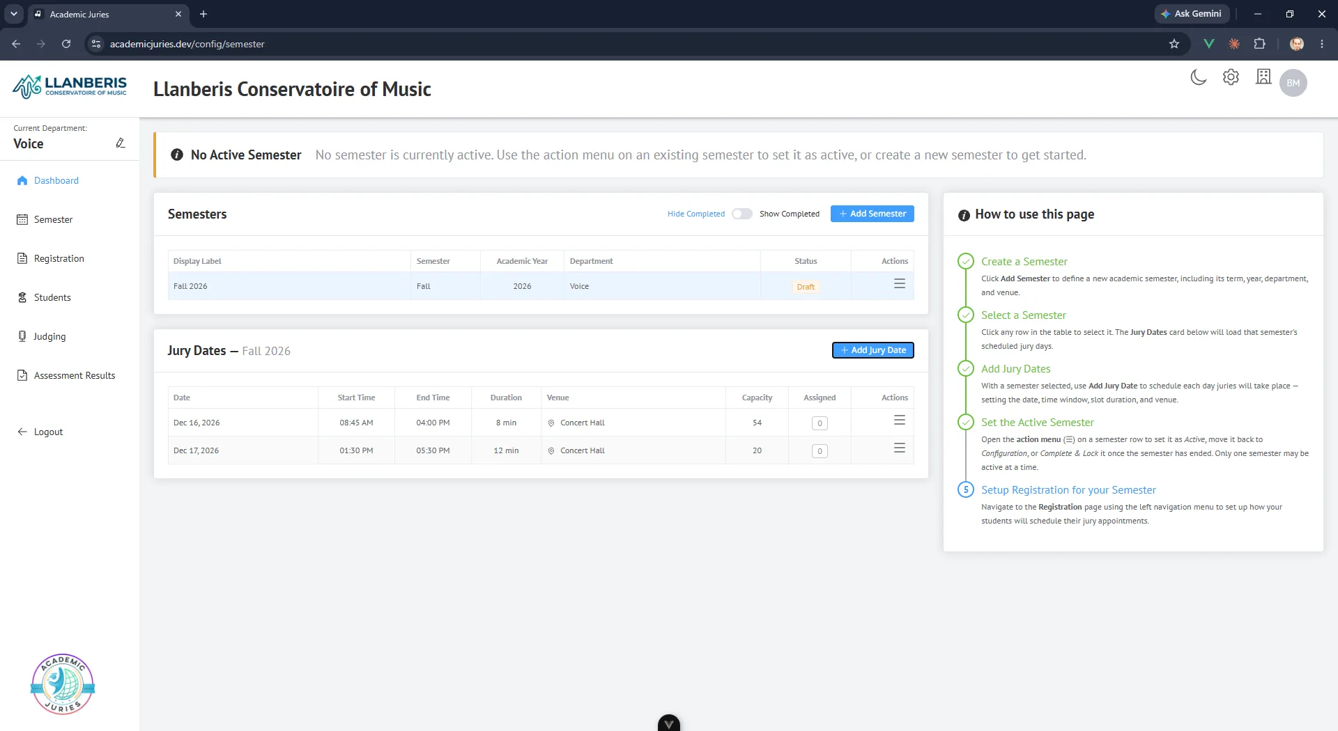 Academic Juries dashboard listing a Fall 2026 semester with its jury dates, start and end times, venue, slot length, capacity and assigned students