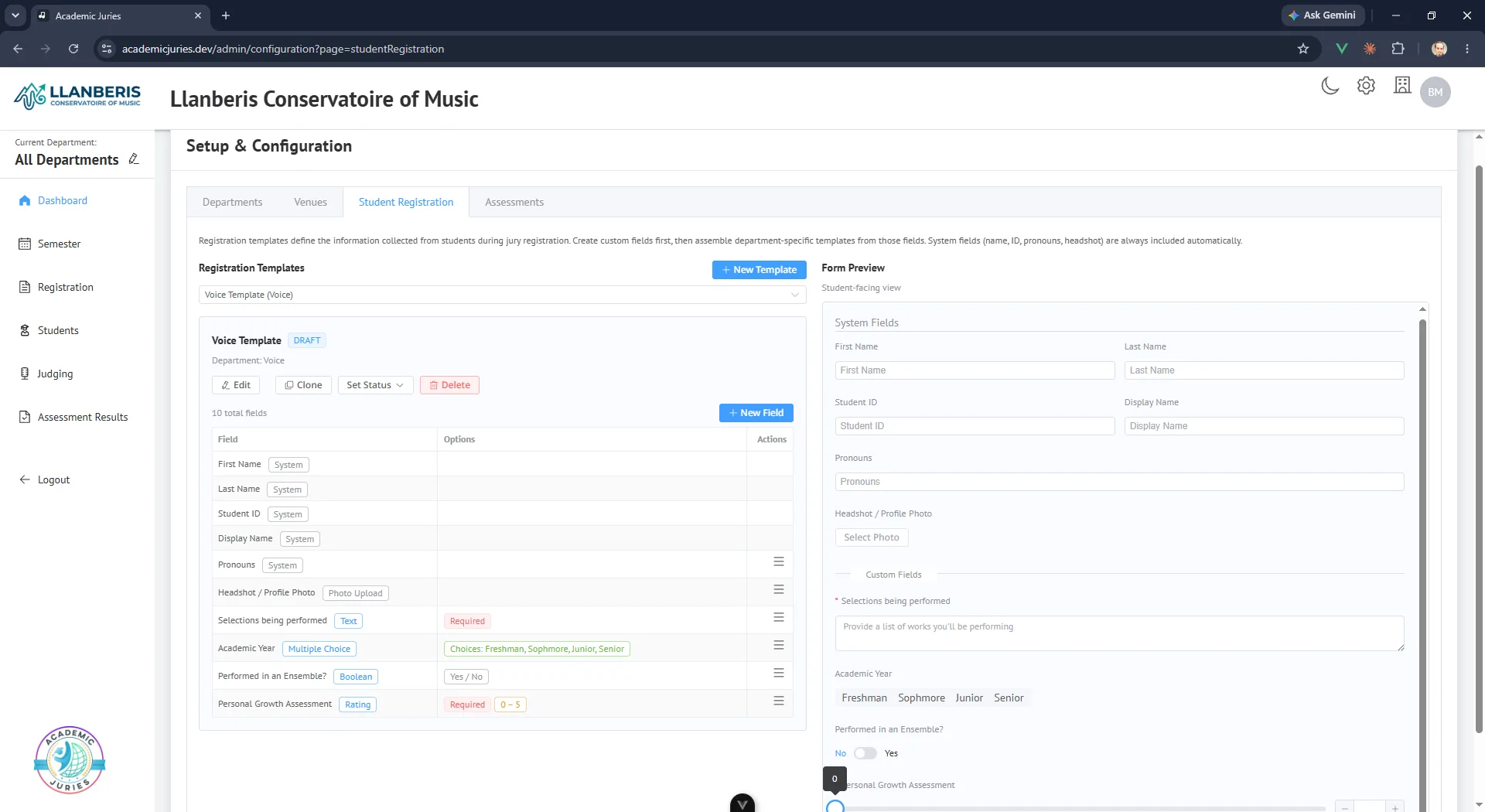 Student registration template builder with system and custom fields beside a preview of the form students fill in